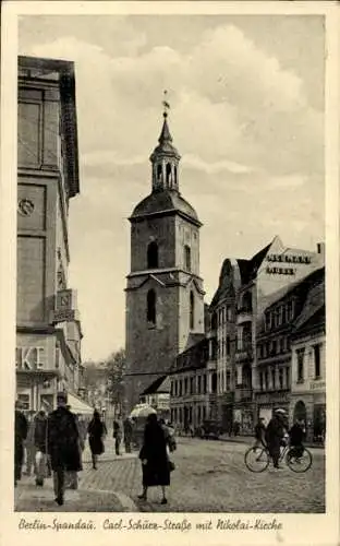 Ak Berlin Spandau, Carl Schurz Straße m. Nikolaikirche