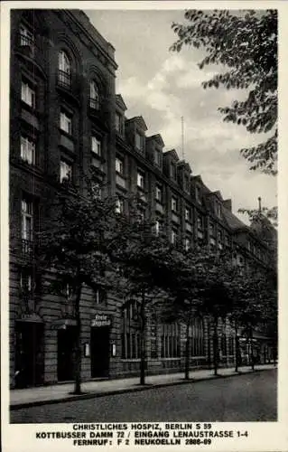 Ak Berlin Neukölln, Christliches Hospiz, Kottbusser Damm 72, Lenaustraße 1-4