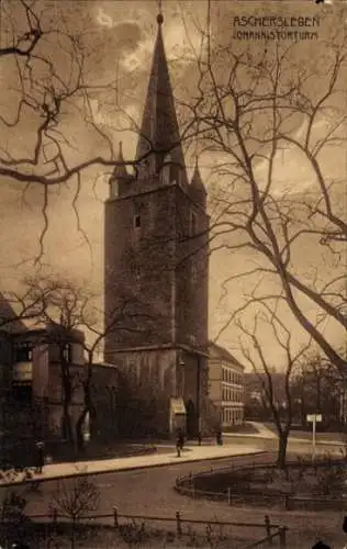 Ak Aschersleben im Salzlandkreis, Johannisturm,  Gebäude, Baumansicht, sepia Farbton