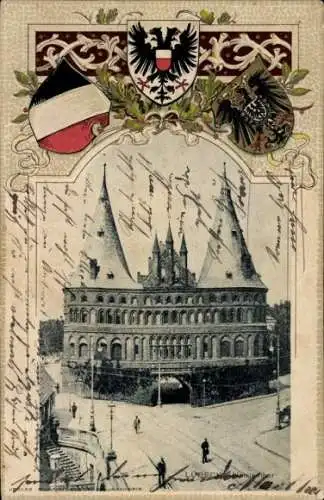 Passepartout Präge Wappen Ak Hansestadt Lübeck, Holstentor