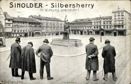 Ak Nordhausen am Harz, Statue, Platz,  Gebäude, Menschen in Anzügen, Werbung für Silbersherry