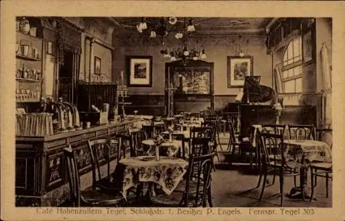 Ak Berlin Reinickendorf Tegel, Café Hohenzollern, Innenansicht, Tische, Stühle, Klavier, Beleucht