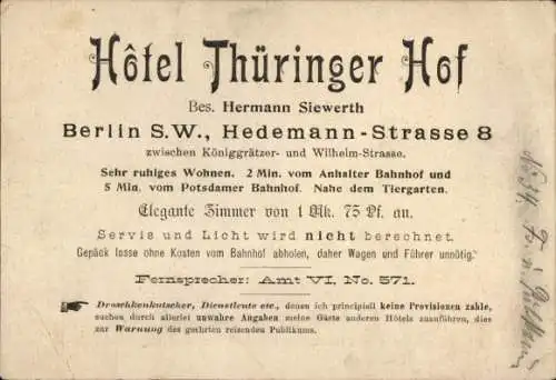 Stadtplan Ak Berlin Kreuzberg, Hôtel Thüringer Hof, Hedemannstraße 8, Inh. Hermann Siewerth