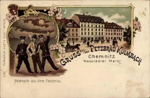 Litho Chemnitz in Sachsen, Petzbräu Kulmbach, Neustädter Markt, Heimkehr aus dem Petzbräu