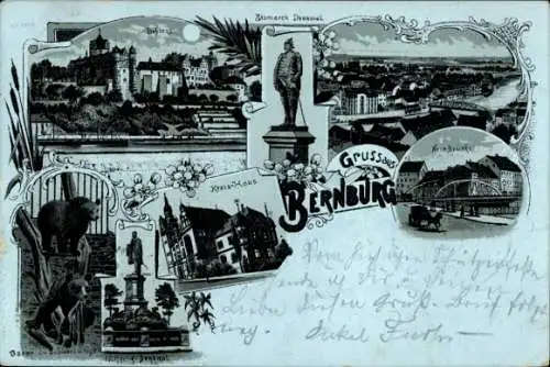 Mondschein Litho Bernburg an der Saale Salzlandkreis, Kreishaus, Brücke, Bären im Schloss Zwinger 