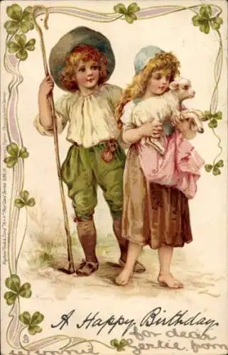 Litho Kleeblätter, Kinder mit einem Lamm