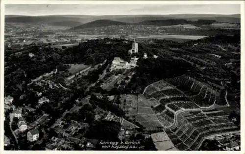 Ak Durlach Karlsruhe in Baden, Luftaufnahme vom Turmberg, Weinberge, Aussicht auf Rheinebene
