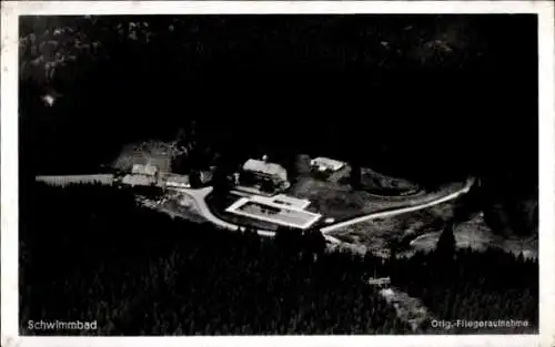 Ak Braunlage im Oberharz, Schwimmbad, Orig.-Fliegeraufnahme, Höhenluftkurort, Hotel und Pension B