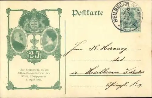 Ganzsachen Ak Silber-Hochzeit des Württembergischen Königspaares, 1911, PP 27 C 123