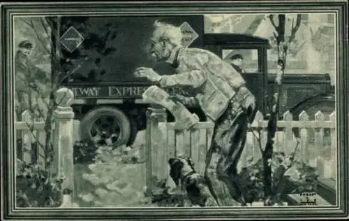 Künstler Ak Werbung, Railway Express Agency, Paketzustelldienst, Mann am Zaun, Hund