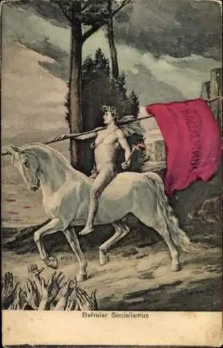 Ak Befreiter Sozialismus, Reiter mit roter Fahne, Allegorie