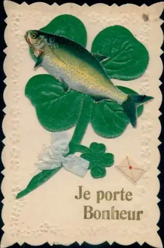 Präge Material Ak Glücksklee, Fisch, Stoffschleife
