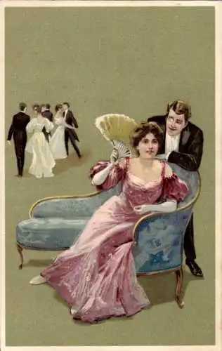 Ak Tanzende Menschen, Liebespaar, Frau mit Fächer