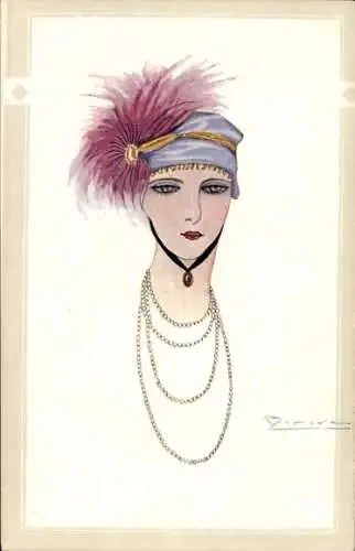 Künstler Ak Gemaltes Porträt einer Frau, Halskette, Mütze mit Federn