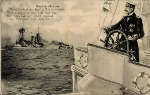 Ak Deutsches Kriegsschiff, Kaiserliche Marine, Kaiser Wilhelm II. am Steuer