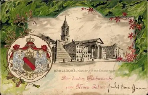 Präge Passepartout Wappen Litho Karlsruhe in Baden, Marktplatz, Stadtkirche