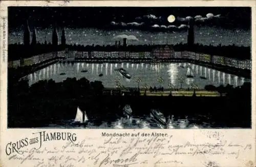 Mondschein Litho Hamburg Mitte Altstadt, Mondnacht auf der Alster