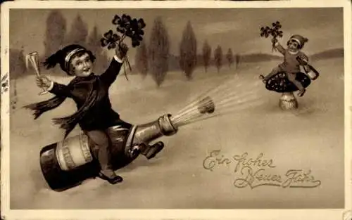 Ak Glückwunsch Neujahr, Kinder, Pilz, Glücksklee, Sekt