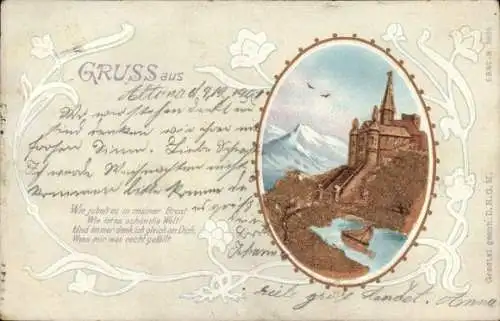 Präge Glitzer Ak Schloss, Bergspitze, Wie jubelt es in meiner Brust...