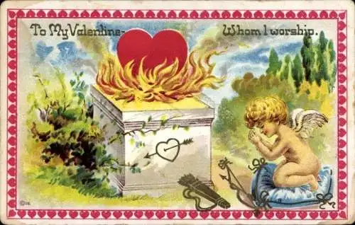Ak Valentinstag, Liebesengel, Brennendes Herz