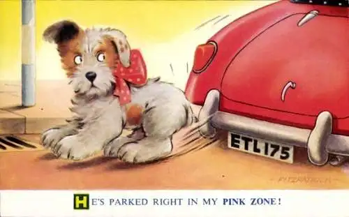 Künstler Ak Fitzpatrick, Hund, Geparktes rotes Auto