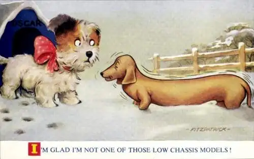 Künstler Ak Fitzpatrick, Zwei Hunde, Gespräch, Dackel