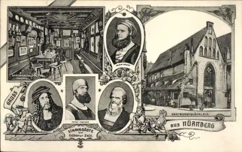 Ak Nürnberg in Mittelfranken, Bratwurstglöcklein, Außenansicht, Innenraum, Stammgäster, Portraits