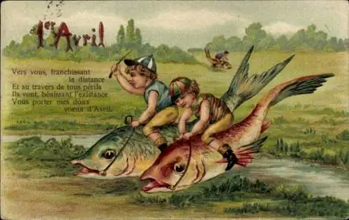 Ak 1er Avril, 1. April, Kinder reiten auf Fischen