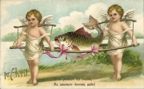Präge Ak Glückwunsch 1. April, Engel, Fisch