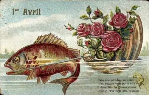 Präge Ak Glückwunsch 1. April, Fisch, Rosen