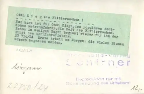 Foto Radrennfahrer Otti Ziege mit seiner Frau in den Flitterwochen, Autogramm