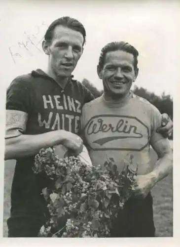 Foto Radrennfahrer Fritz Jährling, Int. Berufsfahrerrennen Stadion Neukölln, Karl Wiener, Autogramm