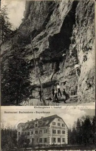 Ak Pullach im Isartal Oberbayern, Klettergarten, Personen beim Klettern, Restaurant Buchenhain, B