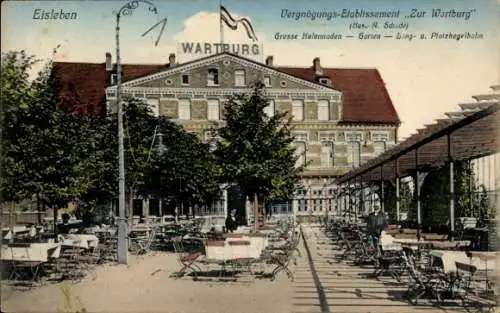 Ak Lutherstadt Eisleben, Etablissment Zur Wartburg, große Holzdecke, Garten, Platzkegelbahn