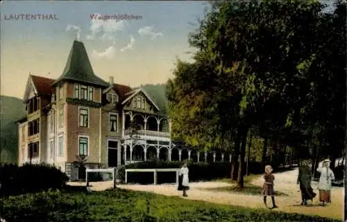 Ak Lautenthal Langelsheim im Oberharz,  Waldschlößchen, Villa, Spaziergänger, Natur, Bäume