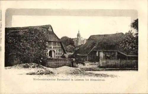 Ak Lüssum Blumenthal Bremen, Niedersächsischer Bauernhof, Kirchturm, Schubkarre