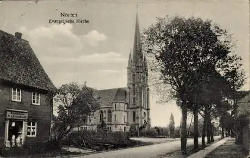 Ak Nörten Hardenberg in Niedersachsen, Evangelische Kirche, Baumallee, Gebäude, Straße