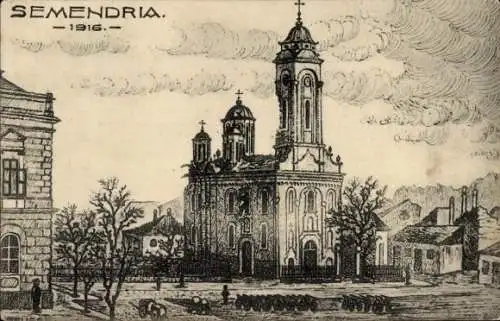 Ak Smederevo Semendria Serbien,  von  Kirche, Bäume, Wolken, Jahr 1916