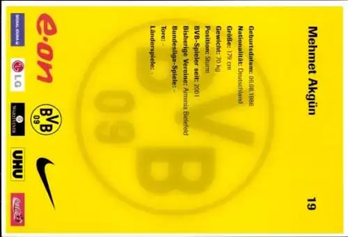 Autogrammkarte BVB 09, Mehmet Akgün, Portrait, Autogramm