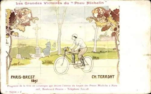 Künstler Ak Radrennen Paris - Brest 1891, Ch. Terront, Michelin Reifen