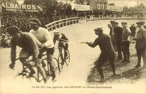 Ak Radrennfahrer Leon Georget, Sieger Le Bol d'Or 1910, Continental Reifen, Radrennbahn