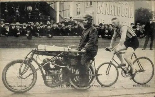 Ak Radrennfahrer Stelbrinck mit Schrittmacher Kayser, Radrennbahn