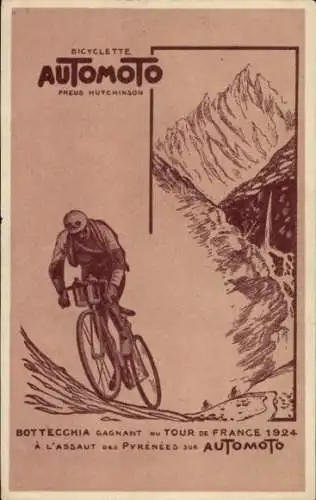 Künstler Ak Tour de France 1924, Bottechia in den Pyrenäen, Fahrrad Automoto
