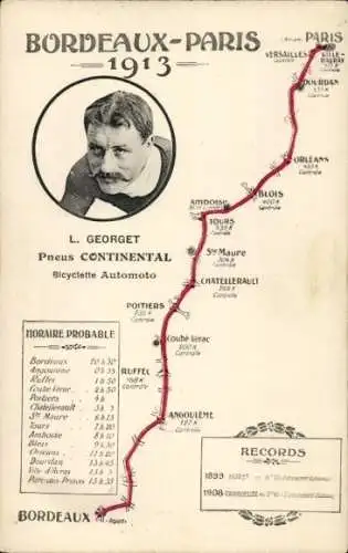 Ak Radrennen Bordeaux - Paris 1913, Streckenkarte, Radrennfahrer L. Georget, Automoto, Continental
