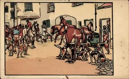 Künstler Ak Jagdgesellschaft vor dem Aufbruch, Hundemeute