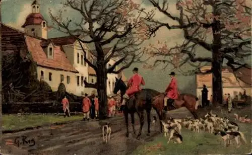 Künstler Ak Jagdszene, zwei Reiter, Hunde