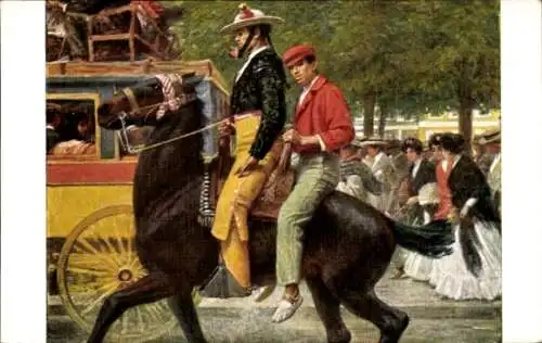 Künstler Ak Auf dem Weg über den Platz, Zwei Reiter in traditioneller Kleidung
