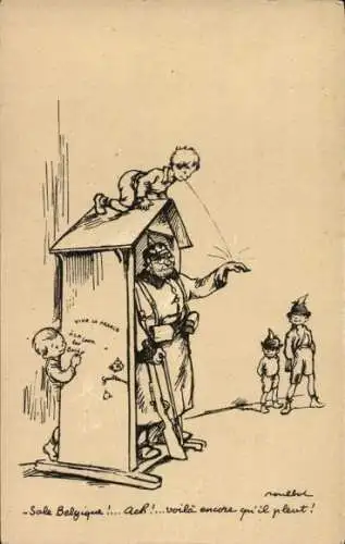 Künstler Ak dummer Soldat im Wachthäuschen wird von Kindern geneckt
