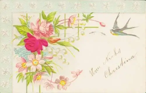 Präge Material Ak Blumen, Schwalbe, Rose, Kitsch