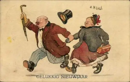 Künstler Ak Luyt, M., Glückwunsch Neujahr, Ehepaar in Eile
